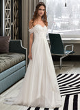 Maren A-Line Off-the-Shoulder Sweep Train Chiffon Wedding Dress With Lace Beading Flower(s) UKP0017123