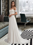 Maren A-Line Off-the-Shoulder Sweep Train Chiffon Wedding Dress With Lace Beading Flower(s) UKP0017123