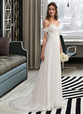 Maren A-Line Off-the-Shoulder Sweep Train Chiffon Wedding Dress With Lace Beading Flower(s) UKP0017123