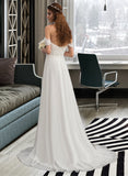 Maren A-Line Off-the-Shoulder Sweep Train Chiffon Wedding Dress With Lace Beading Flower(s) UKP0017123