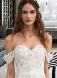 Maren A-Line Off-the-Shoulder Sweep Train Chiffon Wedding Dress With Lace Beading Flower(s) UKP0017123