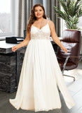 Karly A-Line V-neck Floor-Length Chiffon Lace Wedding Dress With Beading Split Front UKP0017125