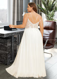 Karly A-Line V-neck Floor-Length Chiffon Lace Wedding Dress With Beading Split Front UKP0017125