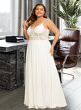 Karly A-Line V-neck Floor-Length Chiffon Lace Wedding Dress With Beading Split Front UKP0017125