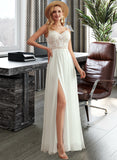 Karly A-Line V-neck Floor-Length Chiffon Lace Wedding Dress With Beading Split Front UKP0017125