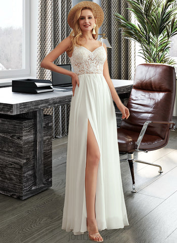 Karly A-Line V-neck Floor-Length Chiffon Lace Wedding Dress With Beading Split Front UKP0017125