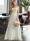 Karly A-Line V-neck Floor-Length Chiffon Lace Wedding Dress With Beading Split Front UKP0017125