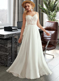 Karly A-Line V-neck Floor-Length Chiffon Lace Wedding Dress With Beading Split Front UKP0017125