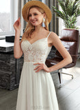 Karly A-Line V-neck Floor-Length Chiffon Lace Wedding Dress With Beading Split Front UKP0017125