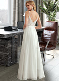 Karly A-Line V-neck Floor-Length Chiffon Lace Wedding Dress With Beading Split Front UKP0017125