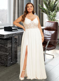 Karly A-Line V-neck Floor-Length Chiffon Lace Wedding Dress With Beading Split Front UKP0017125