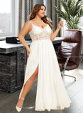 Karly A-Line V-neck Floor-Length Chiffon Lace Wedding Dress With Beading Split Front UKP0017125