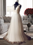 Mattie A-Line V-neck Sweep Train Tulle Lace Wedding Dress UKP0017127