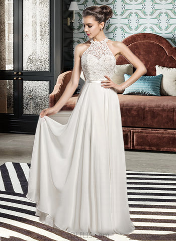 Norma A-Line Scoop Neck Floor-Length Chiffon Lace Wedding Dress With Beading Sequins UKP0017128