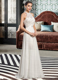 Norma A-Line Scoop Neck Floor-Length Chiffon Lace Wedding Dress With Beading Sequins UKP0017128