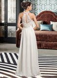 Norma A-Line Scoop Neck Floor-Length Chiffon Lace Wedding Dress With Beading Sequins UKP0017128