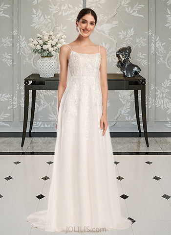 Priscilla A-Line Square Neckline Court Train Tulle Lace Wedding Dress With Beading Sequins UKP0017129