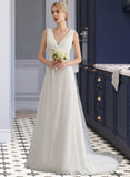 Alannah A-Line V-neck Sweep Train Chiffon Lace Wedding Dress With Ruffle UKP0017130