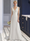 Alannah A-Line V-neck Sweep Train Chiffon Lace Wedding Dress With Ruffle UKP0017130