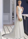 Alannah A-Line V-neck Sweep Train Chiffon Lace Wedding Dress With Ruffle UKP0017130