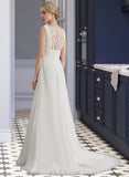 Alannah A-Line V-neck Sweep Train Chiffon Lace Wedding Dress With Ruffle UKP0017130