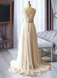 Theresa A-Line V-neck Court Train Chiffon Lace Wedding Dress With Lace UKP0017132