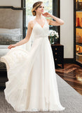 Phyllis A-Line V-neck Sweep Train Chiffon Tulle Wedding Dress With Beading Sequins Cascading Ruffles UKP0017135