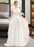 Phyllis A-Line V-neck Sweep Train Chiffon Tulle Wedding Dress With Beading Sequins Cascading Ruffles UKP0017135