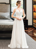 Phyllis A-Line V-neck Sweep Train Chiffon Tulle Wedding Dress With Beading Sequins Cascading Ruffles UKP0017135