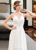 Phyllis A-Line V-neck Sweep Train Chiffon Tulle Wedding Dress With Beading Sequins Cascading Ruffles UKP0017135