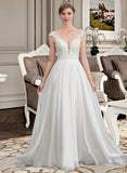 Gertrude A-Line V-neck Sweep Train Chiffon Lace Wedding Dress With Beading Sequins UKP0017137