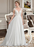 Gertrude A-Line V-neck Sweep Train Chiffon Lace Wedding Dress With Beading Sequins UKP0017137