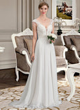 Gertrude A-Line V-neck Sweep Train Chiffon Lace Wedding Dress With Beading Sequins UKP0017137