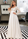 Rayne Ball-Gown/Princess V-neck Sweep Train Satin Lace Wedding Dress With Lace Bow(s) UKP0017138