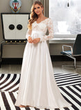 Rayne Ball-Gown/Princess V-neck Sweep Train Satin Lace Wedding Dress With Lace Bow(s) UKP0017138