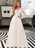 Rayne Ball-Gown/Princess V-neck Sweep Train Satin Lace Wedding Dress With Lace Bow(s) UKP0017138