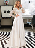 Rayne Ball-Gown/Princess V-neck Sweep Train Satin Lace Wedding Dress With Lace Bow(s) UKP0017138