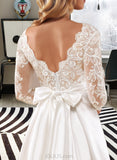 Rayne Ball-Gown/Princess V-neck Sweep Train Satin Lace Wedding Dress With Lace Bow(s) UKP0017138