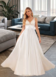 Florence Ball-Gown/Princess V-neck Floor-Length Satin Lace Wedding Dress With Lace Pockets UKP0017140