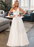 Florence Ball-Gown/Princess V-neck Floor-Length Satin Lace Wedding Dress With Lace Pockets UKP0017140