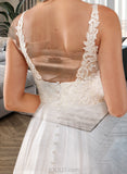 Florence Ball-Gown/Princess V-neck Floor-Length Satin Lace Wedding Dress With Lace Pockets UKP0017140