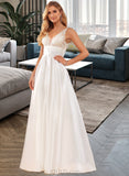 Florence Ball-Gown/Princess V-neck Floor-Length Satin Lace Wedding Dress With Lace Pockets UKP0017140