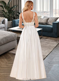 Florence Ball-Gown/Princess V-neck Floor-Length Satin Lace Wedding Dress With Lace Pockets UKP0017140