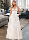 Florence Ball-Gown/Princess V-neck Floor-Length Satin Lace Wedding Dress With Lace Pockets UKP0017140