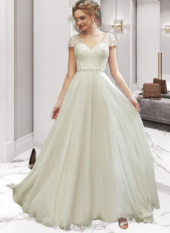 Penelope A-Line V-neck Floor-Length Chiffon Wedding Dress With Lace Beading Sequins UKP0017141