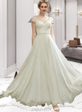 Penelope A-Line V-neck Floor-Length Chiffon Wedding Dress With Lace Beading Sequins UKP0017141