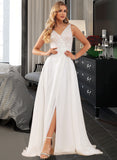 Abbigail A-Line V-neck Sweep Train Chiffon Lace Wedding Dress With Lace Sequins Split Front UKP0017142