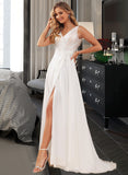 Abbigail A-Line V-neck Sweep Train Chiffon Lace Wedding Dress With Lace Sequins Split Front UKP0017142