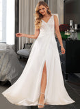 Abbigail A-Line V-neck Sweep Train Chiffon Lace Wedding Dress With Lace Sequins Split Front UKP0017142