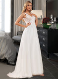 Abbigail A-Line V-neck Sweep Train Chiffon Lace Wedding Dress With Lace Sequins Split Front UKP0017142